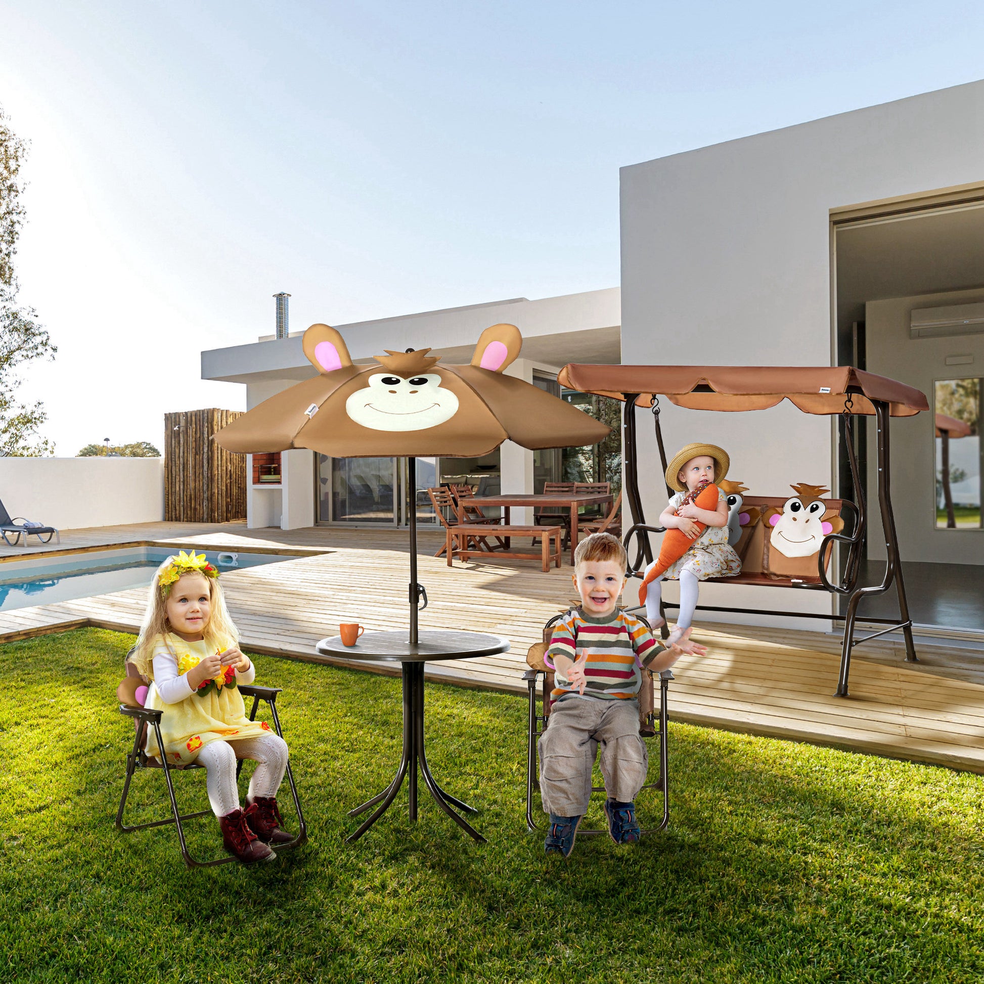 Kids Folding Picnic Table and Chair Set Pattern Outdoor Garden Patio Backyard with Removable & Height Adjustable Sun Umb