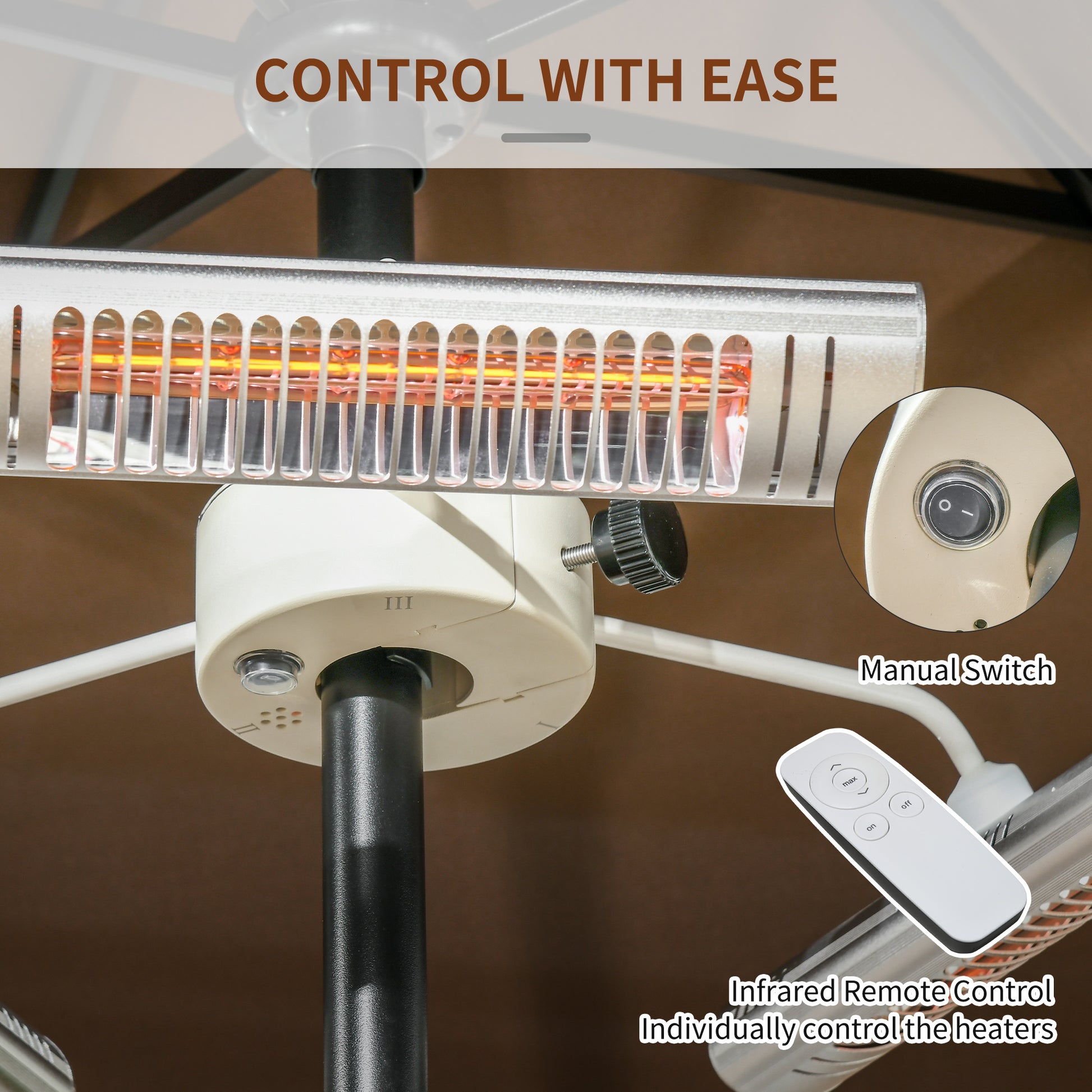 Electric Patio Heater with 3 Heating Panels and Ultra-low Glare, Aluminum Alloy Parasol Heater with Infrared Remote Cont