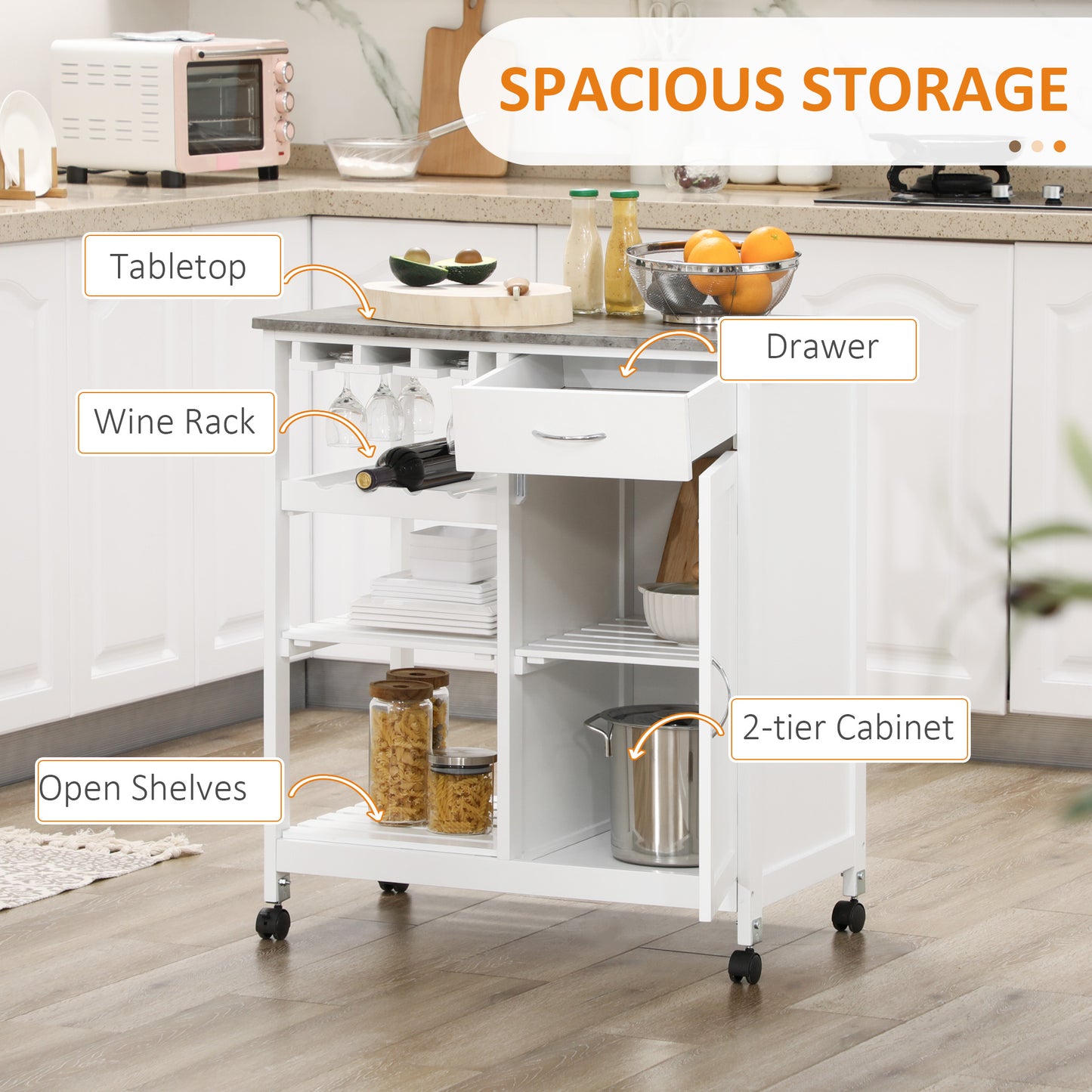 Rolling Kitchen Cart, Bar Cart on Wheels with Wine Rack, Drawer, Open Shelves, Cabinet and Faux Marble Top, Kitchen Isla