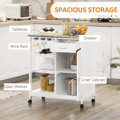 Rolling Kitchen Cart, Bar Cart on Wheels with Wine Rack, Drawer, Open Shelves, Cabinet and Faux Marble Top, Kitchen Isla