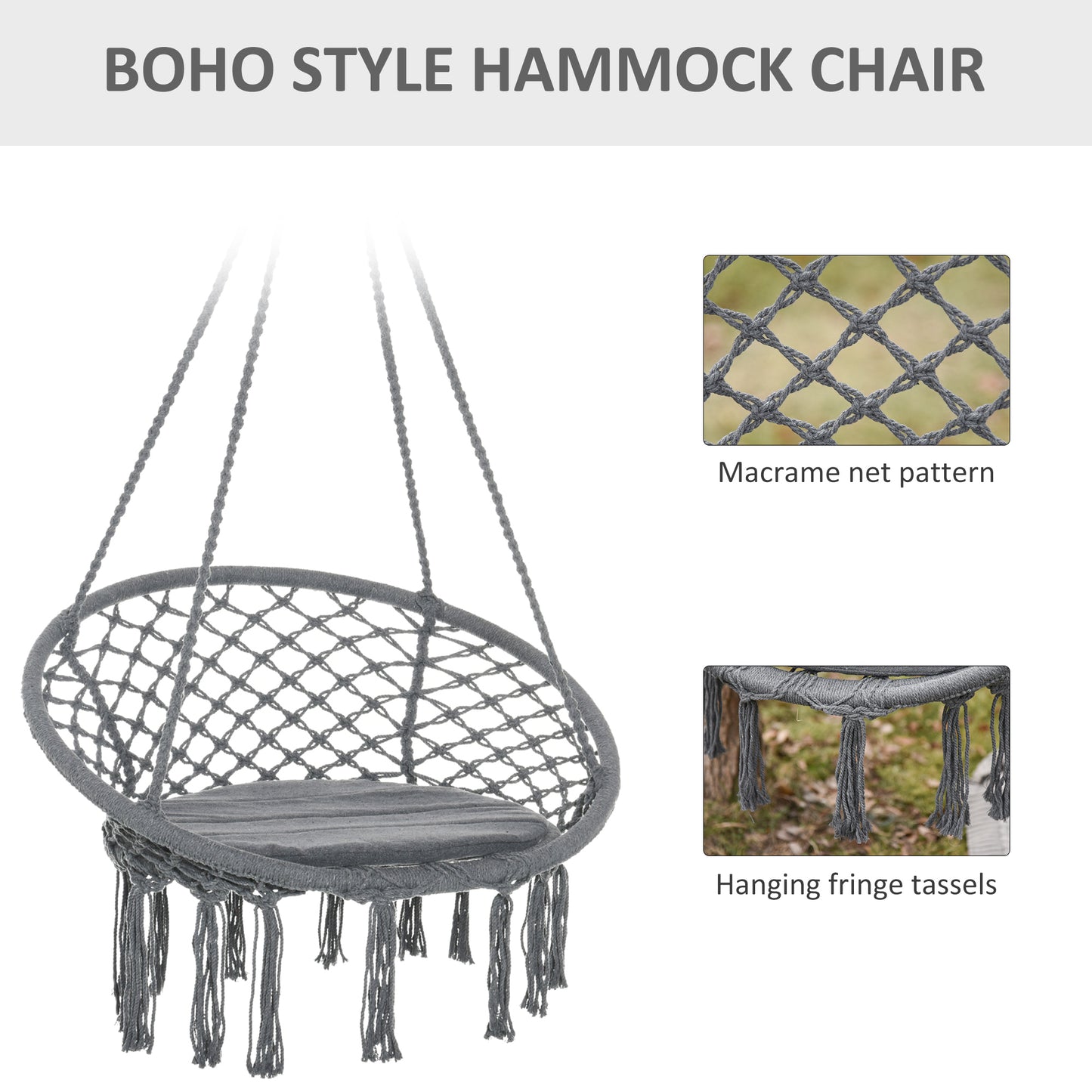 Patio Hammock Chair, Hanging Rope Hammock Swing for Indoor & Outdoor Use with Backrest, Cotton-Polyester Blend, Fringe T