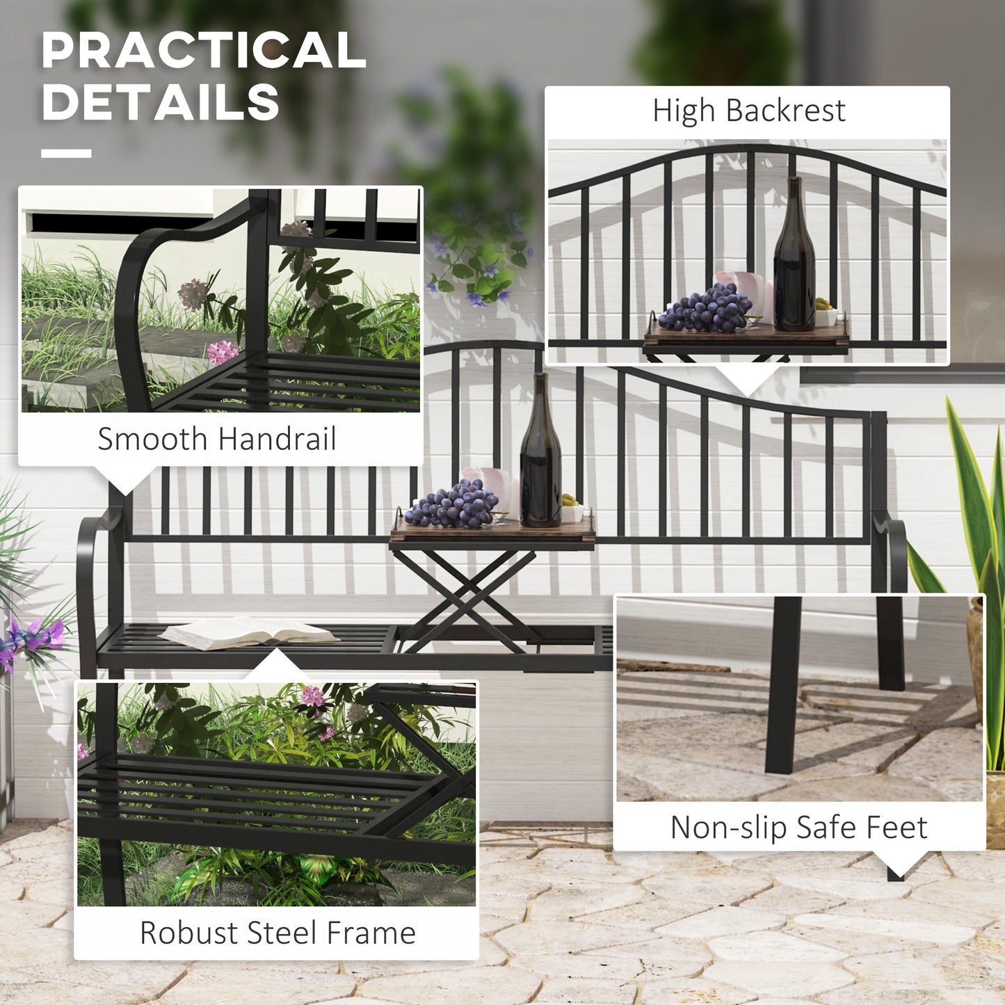 Outdoor Bench with Retractable Middle Table, Metal Frame Patio Loveseat with Slatted Seat and Backrest, Curved Armrests,
