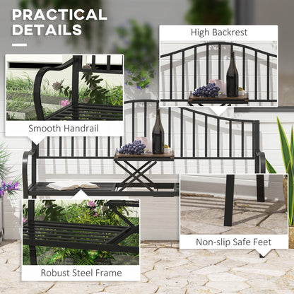 Outdoor Bench with Retractable Middle Table, Metal Frame Patio Loveseat with Slatted Seat and Backrest, Curved Armrests,