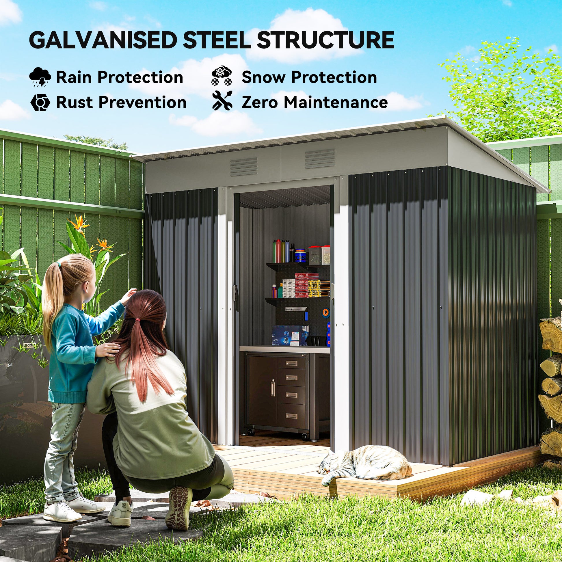 7' x 4' Outdoor Storage Shed, Metal Garden Tool Storage House Organizer with Lockable Sliding Doors and Vents for Backya