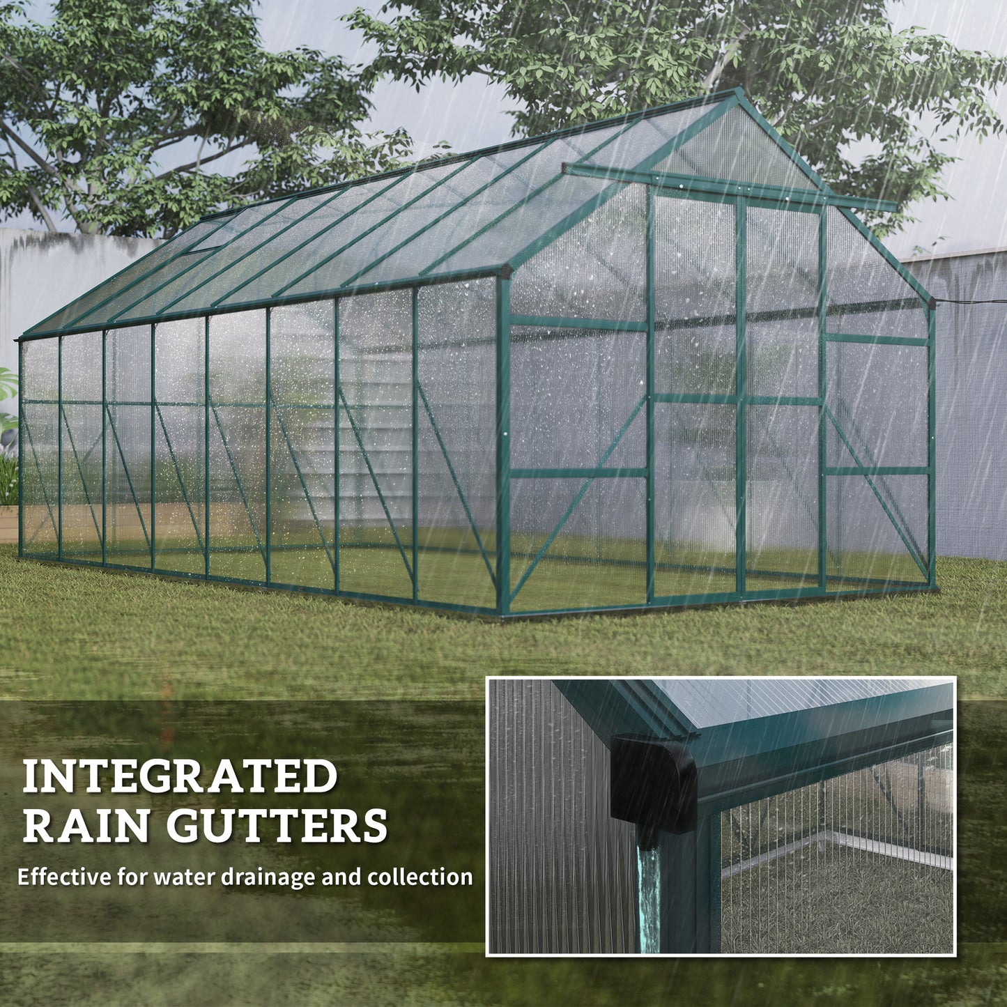16' x 8' Aluminum Polycarbonate Greenhouse Walk-in Garden Greenhouse Kit with Adjustable Roof Vent, Rain Gutter and Slid