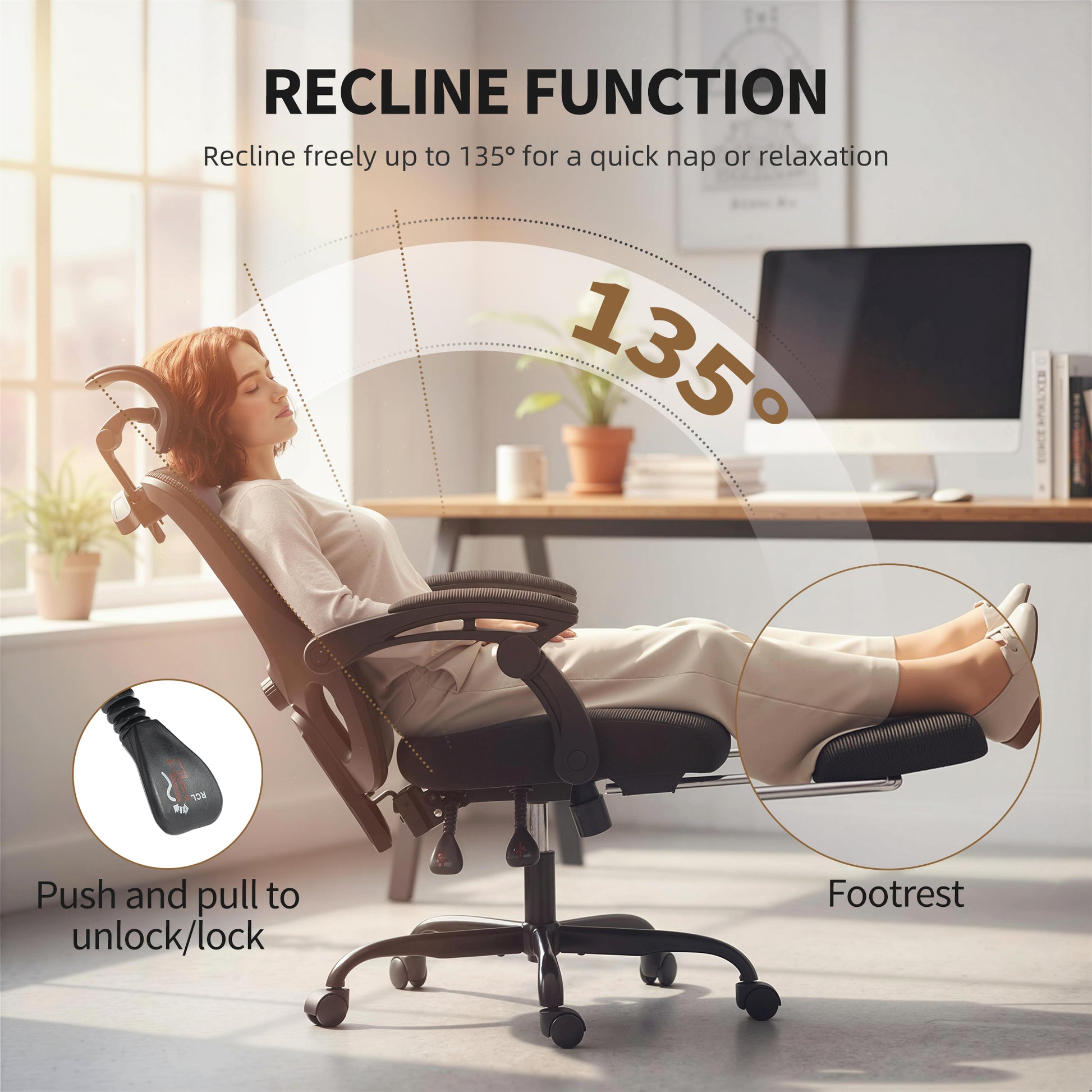 Office Chair, Ergonomic Mesh Computer Desk Chair with Adjustable Headrest, Lumbar Support, Black