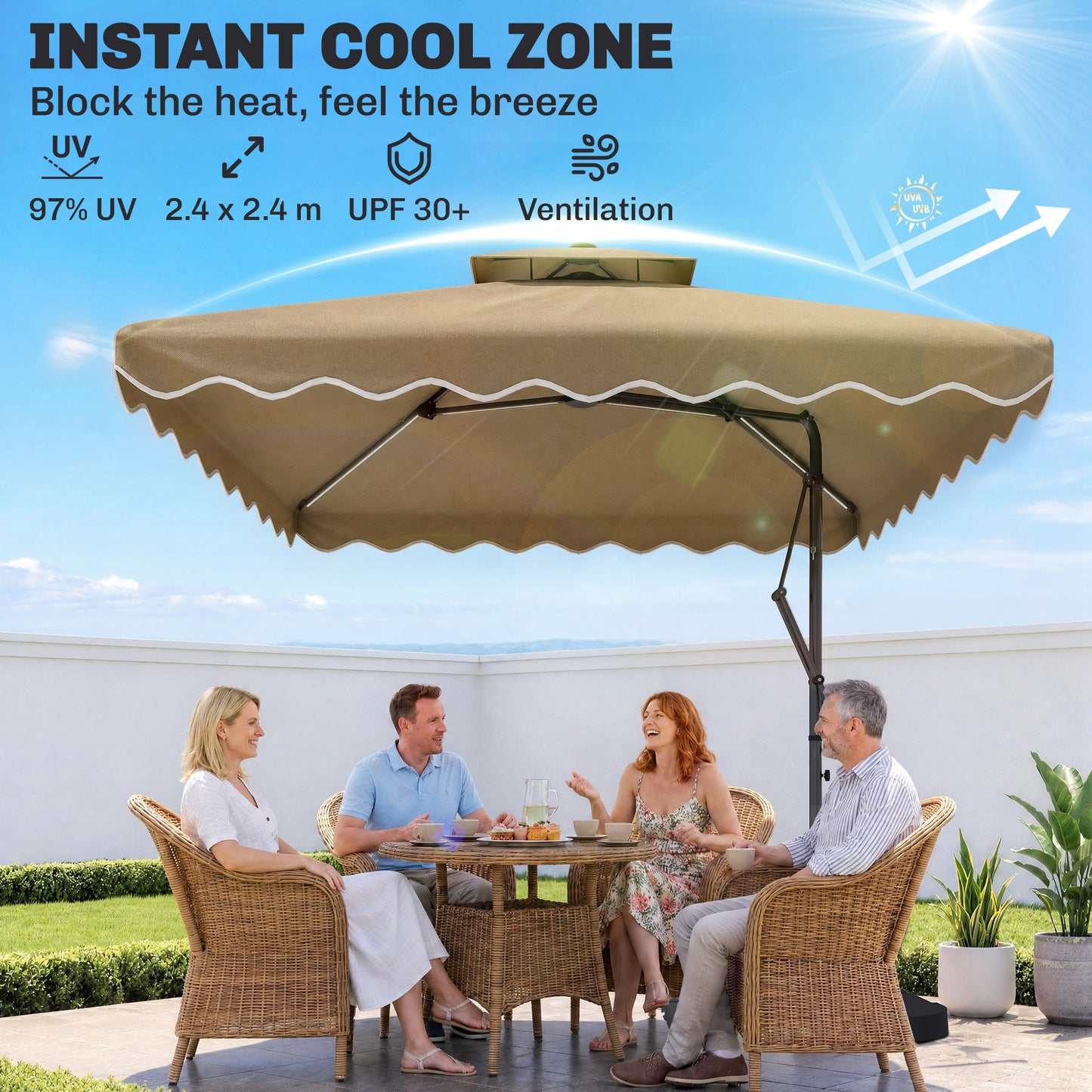 8' x 8' Square Double Top Offset Patio Umbrella Garden Parasol with Solar LED Lights, Ruffles and Weights, Khaki