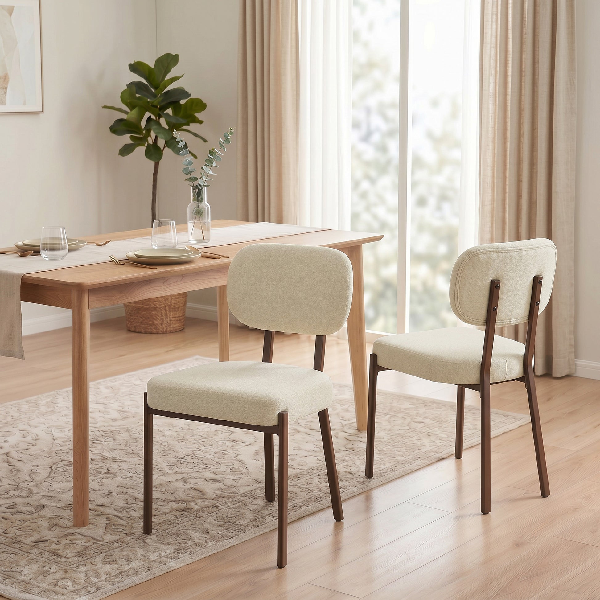 Upholstered Linen Fabric Kitchen Chairs, Modern Dining Chairs Set of 2 with Metal Legs, Beige