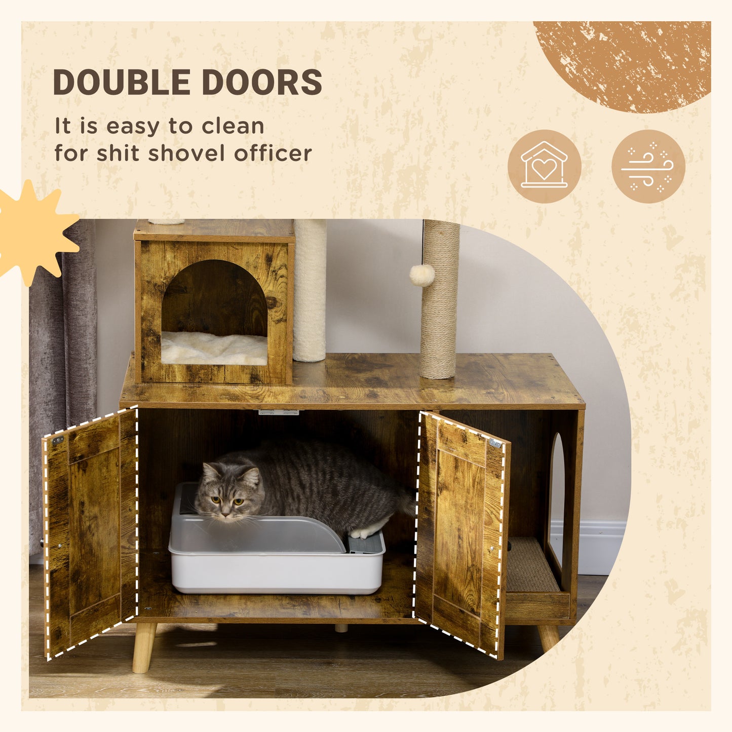 Litter Box Enclosure with Cat Tree Tower, Hidden Cat Washroom Furniture with Condo, Scratching Posts, Large Platform, Ha