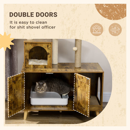 Litter Box Enclosure with Cat Tree Tower, Hidden Cat Washroom Furniture with Condo, Scratching Posts, Large Platform, Ha
