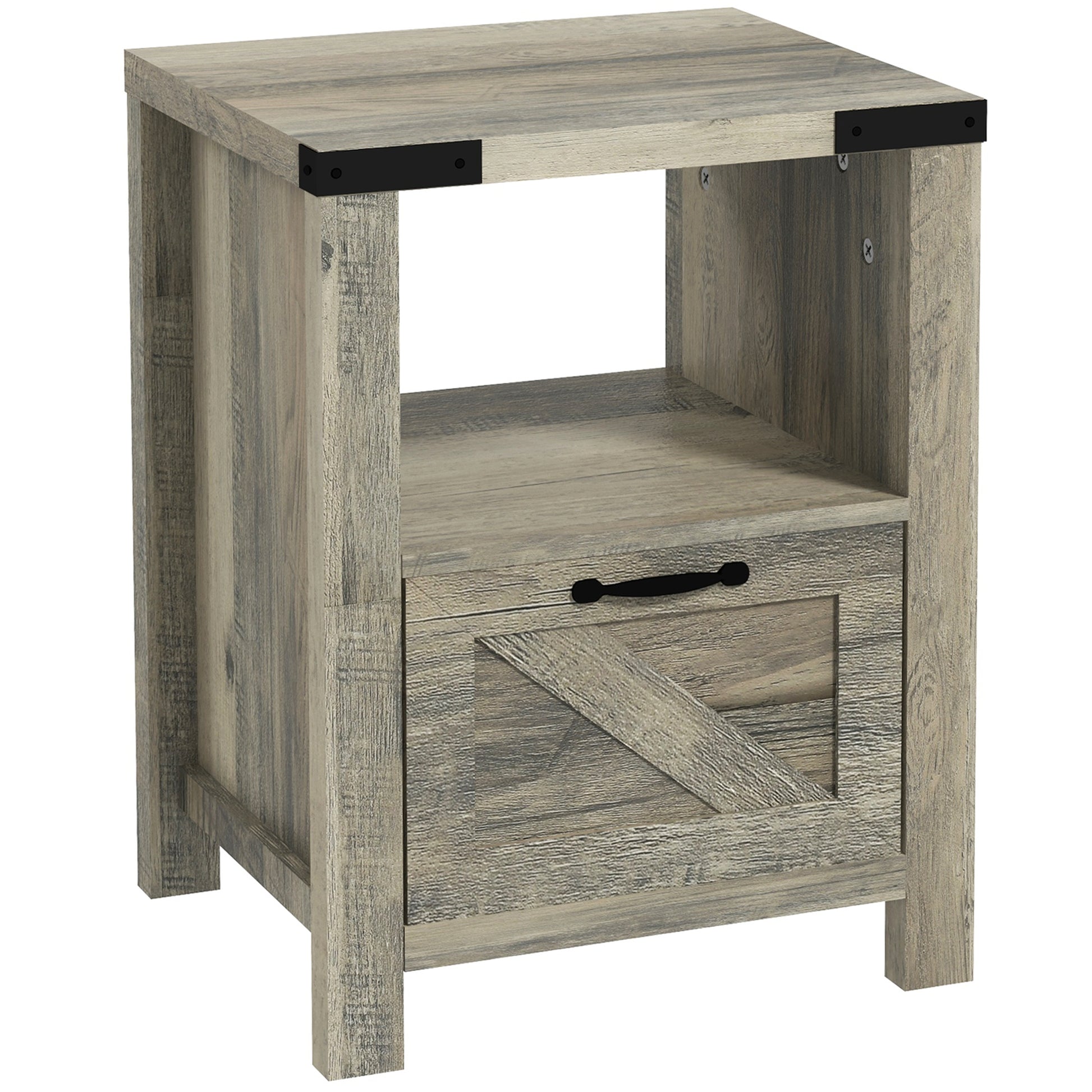 Small Side Table with Storage, Farmhouse End Table with Drawer, Open Shelf and Barn-style Panel, Nightstand for Living R
