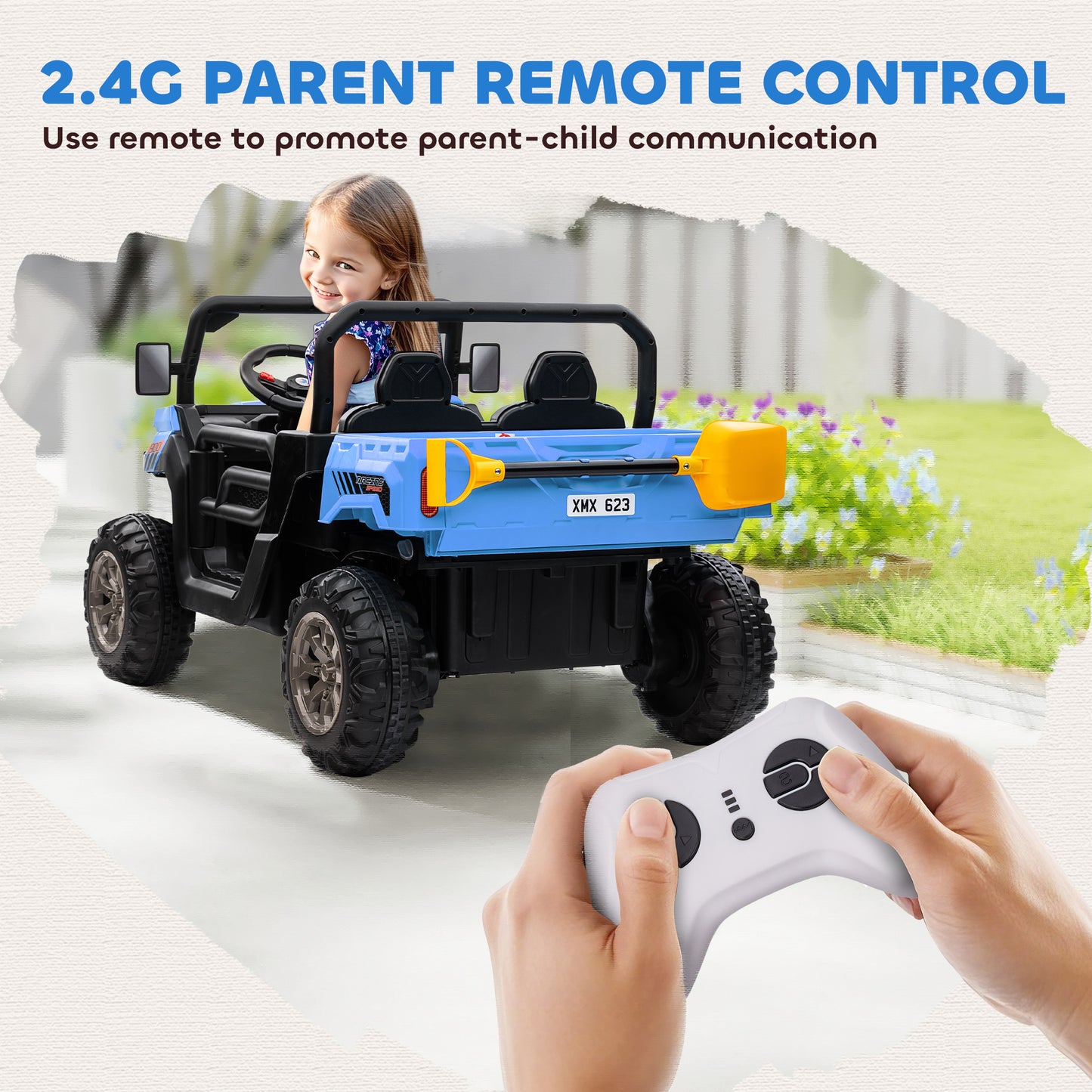 VarietyKart 12V Ride on Car with Electric Bucket, Two-Seater, Shovel, Remote Control, Spring Suspension, Horn, Music, Bl