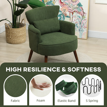 Modern Accent Chair, Upholstered Armchair with Solid Wood Legs and Lumbar Pillow for Living Room, Green