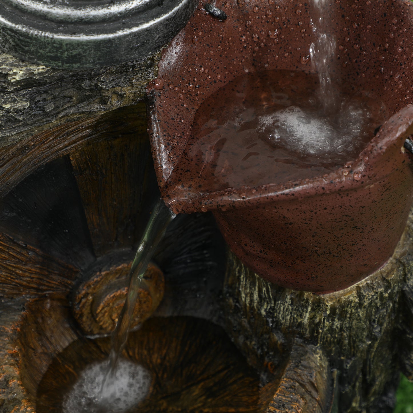 Rustic Waterfall Fountain with Old Fashion Pump Barrel Wheel, 3-Tier Cascading Outdoor Fountain with Adjustable Flow, De