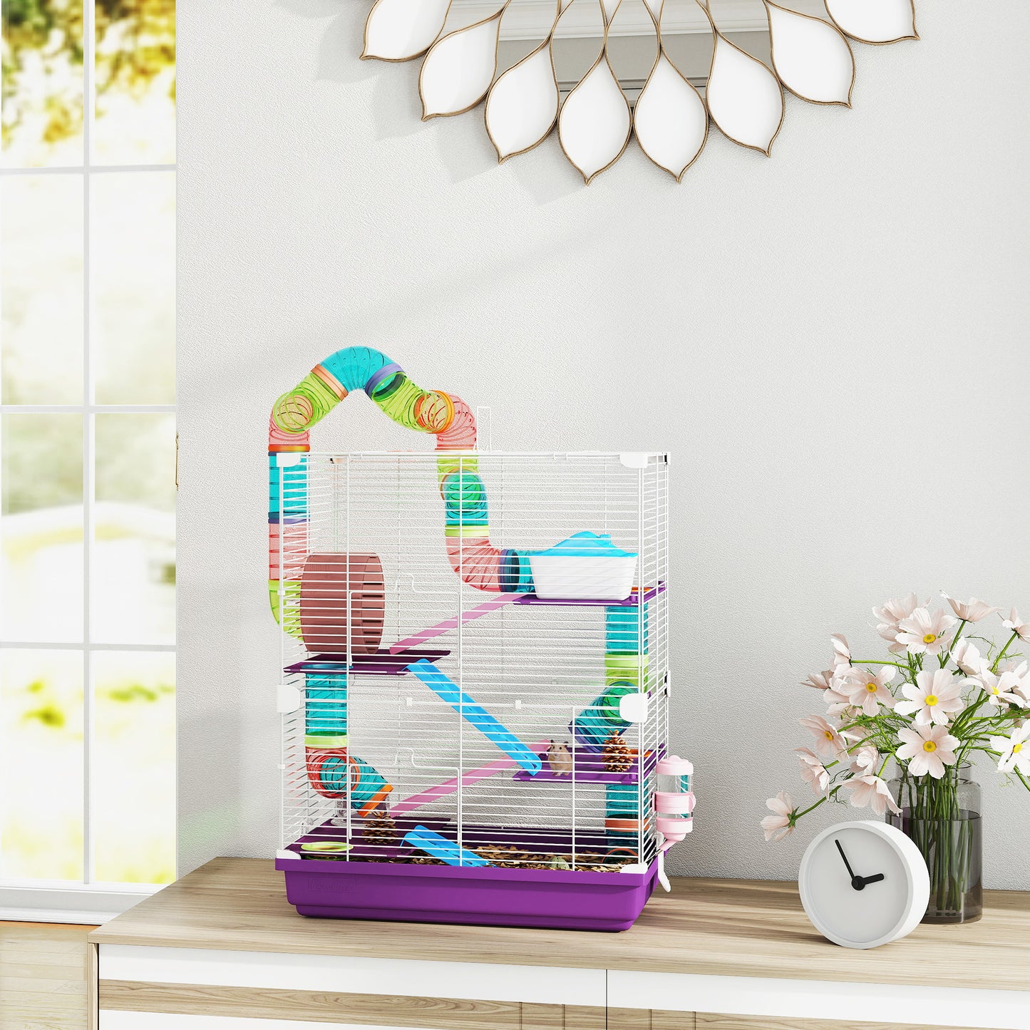 5 Tiers Hamster Cage Portable with Exercise Wheels Play Tube Water Bottle Dishes House Ladder for Gerbils, Purple