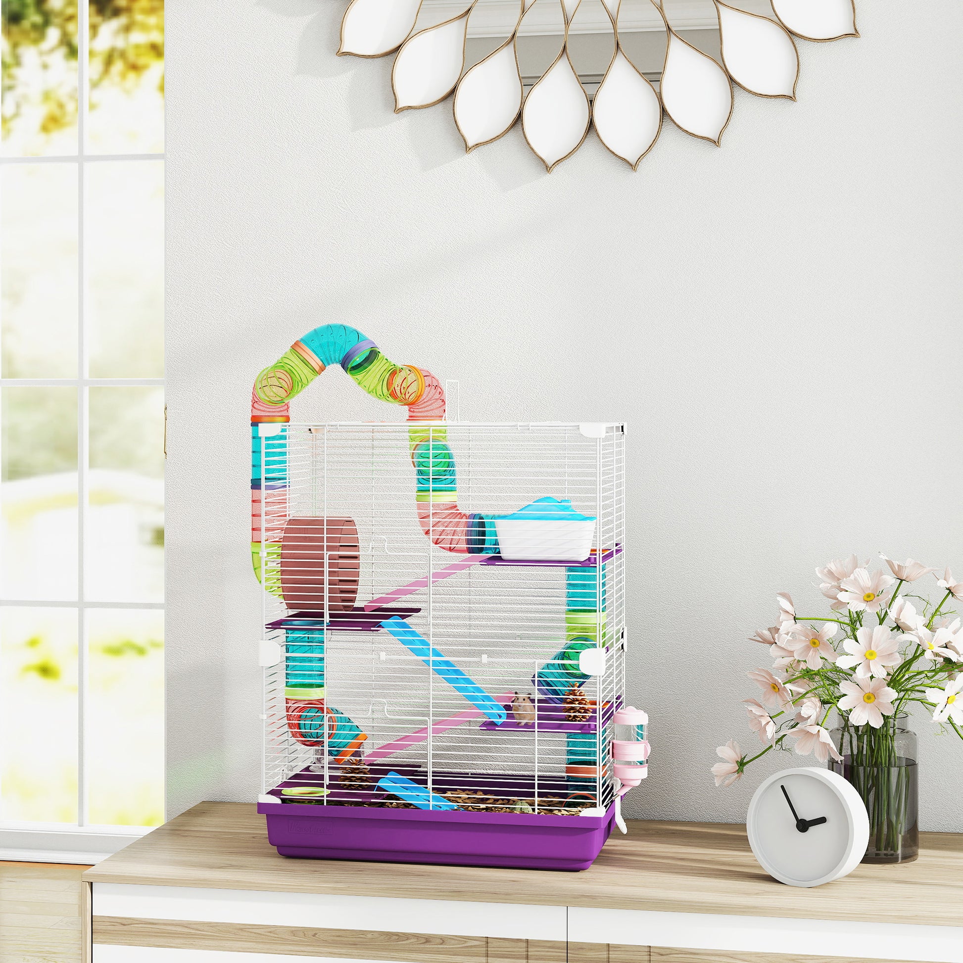 5 Tiers Hamster Cage Portable with Exercise Wheels Play Tube Water Bottle Dishes House Ladder for Gerbils, Purple