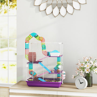 5 Tiers Hamster Cage Portable with Exercise Wheels Play Tube Water Bottle Dishes House Ladder for Gerbils, Purple