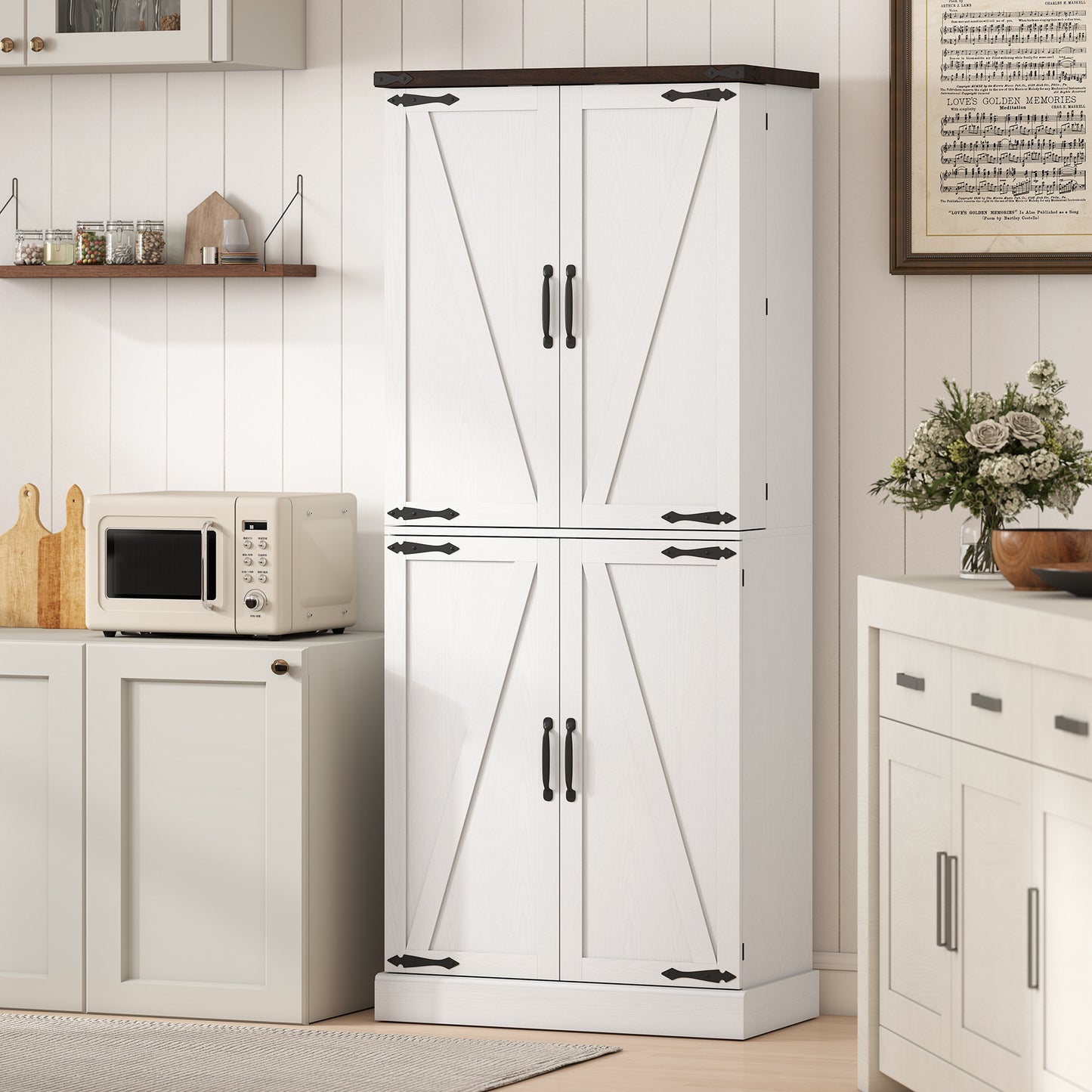 72" Tall Kitchen Pantry Cabinet, Farmhouse Storage Cabinet with 8 Door Racks and Adjustable Shelves, White