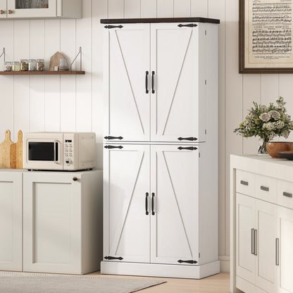 72" Tall Kitchen Pantry Cabinet, Farmhouse Storage Cabinet with 8 Door Racks and Adjustable Shelves, White