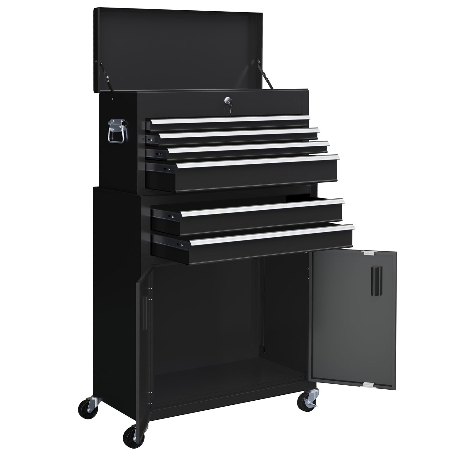 6-Drawer Rolling Tool Chest, 2 in 1 Lockable Storage Cabinet with Hooks, Metal Tool Box for Garage, Workshop, Black
