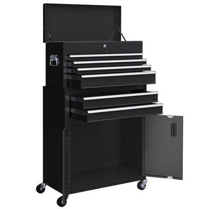 6-Drawer Rolling Tool Chest, 2 in 1 Lockable Storage Cabinet with Hooks, Metal Tool Box for Garage, Workshop, Black