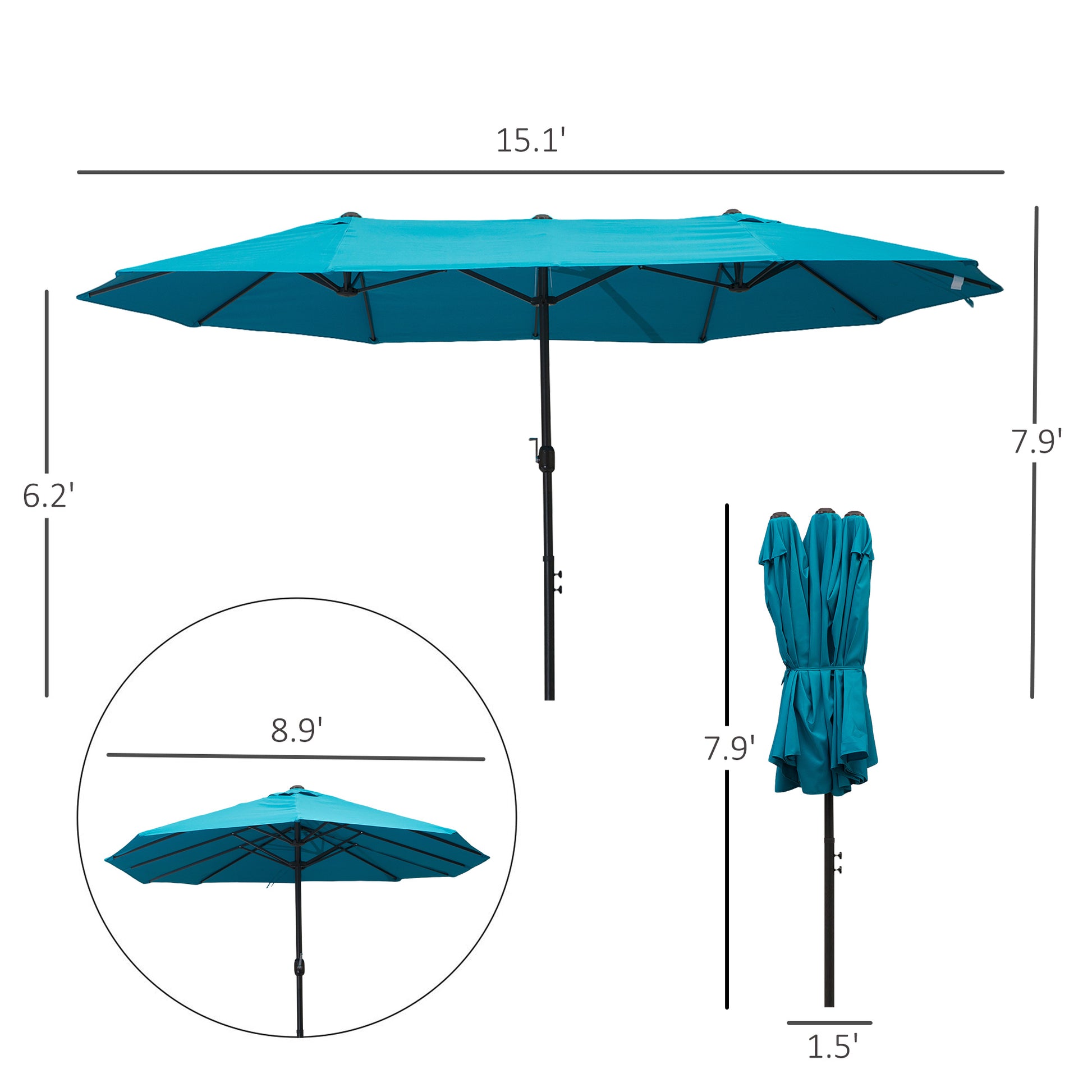 15ft Double-sided Patio Umbrella with Twin Canopy, Extra Large Outdoor Parasol with Crank for Pool, Deck, Market, Sky Bl