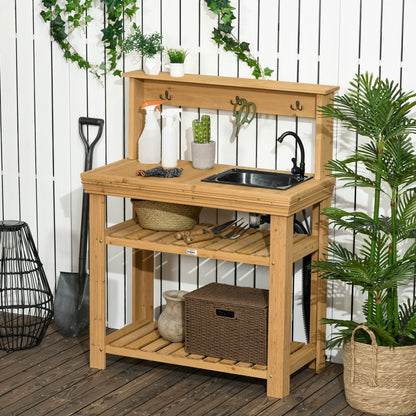 Outdoor Potting Bench Table with Faucet, Removable Sink, Hooks and Storage Shelves, Wood Work Bench Workstation for Gree