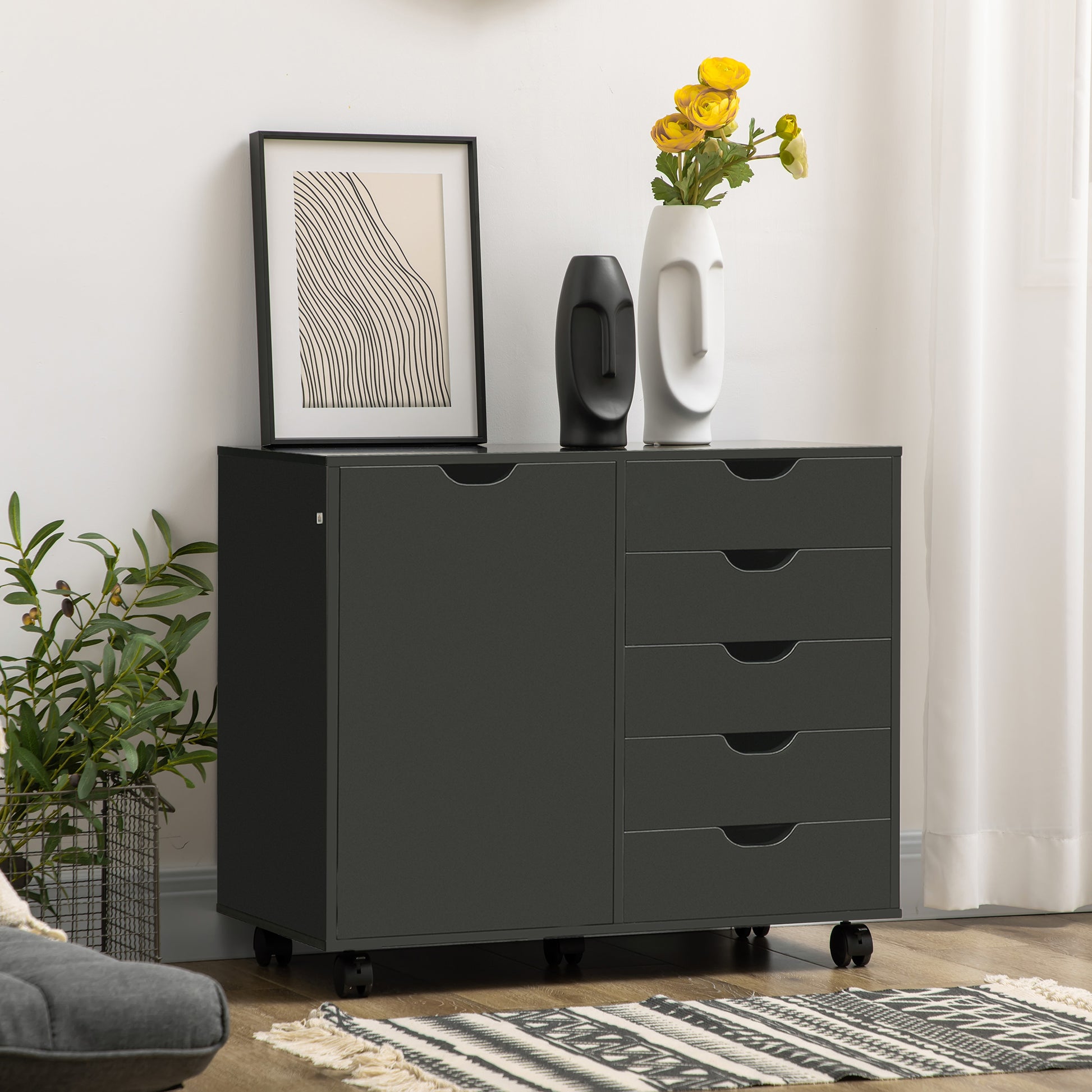 Lateral Filing Cabinet, 5-Drawers File Cabinet with Door and Adjustable Shelf, Mobile Office Storage Cabinet on Wheels, 