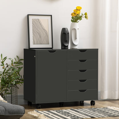 Lateral Filing Cabinet, 5-Drawers File Cabinet with Door and Adjustable Shelf, Mobile Office Storage Cabinet on Wheels, 