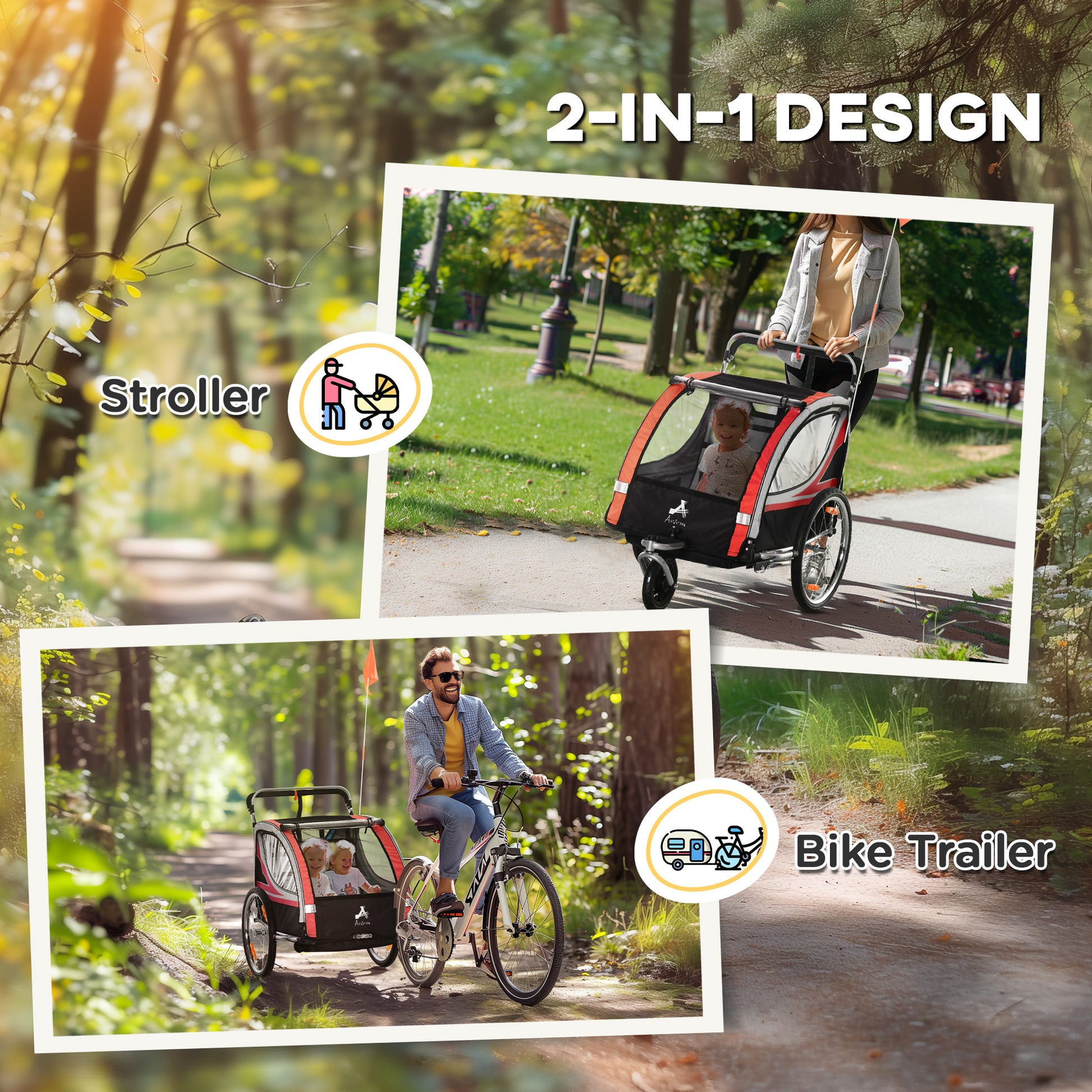VarietyKart 2 Seat Bike Trailer for Kids 2-in-1 Double Baby Stroller with Handbrake, Rubber Wheels, 5 Point Harness, Wat