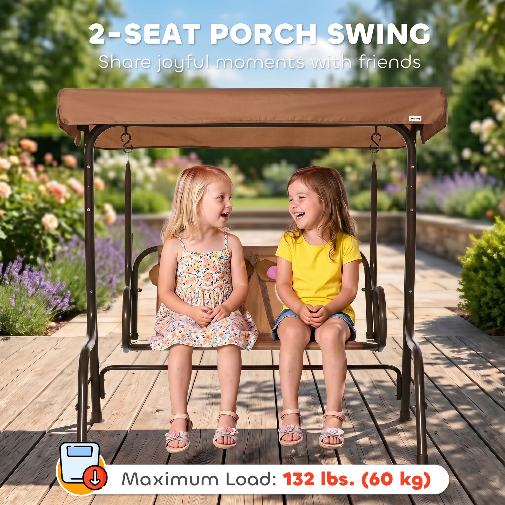 2-Seat Kids Porch Swing Chair, Children Outdoor Patio Furniture Lounge Chair for Garden, with Adjustable Canopy, Seat Be