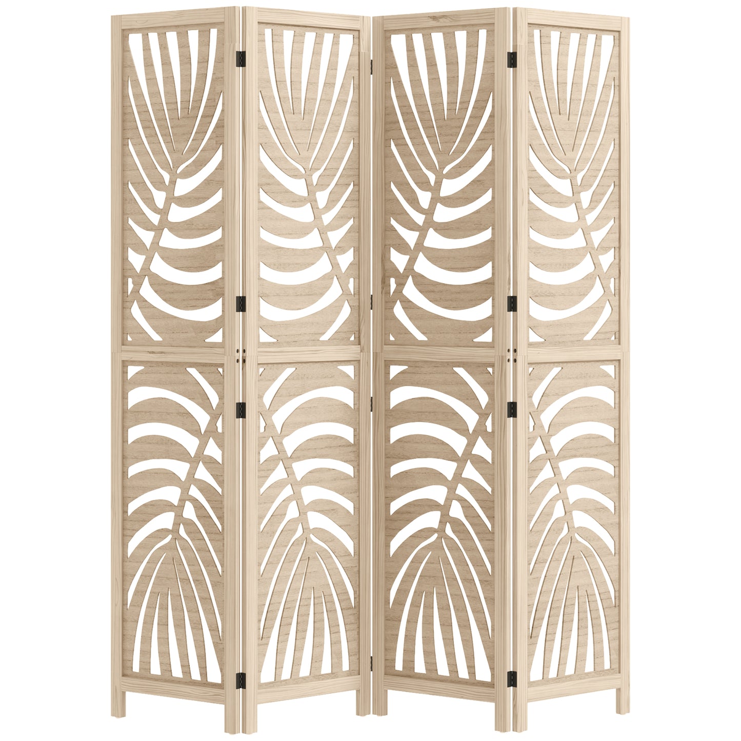 4 Panel Room Divider, Detachable Folding Privacy Screens with Palm Leaf Design for Home Office, Natural Wood Finish