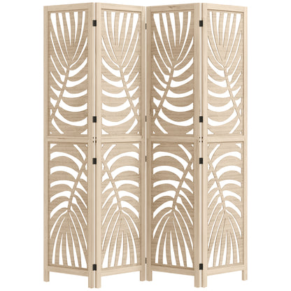 4 Panel Room Divider, Detachable Folding Privacy Screens with Palm Leaf Design for Home Office, Natural Wood Finish