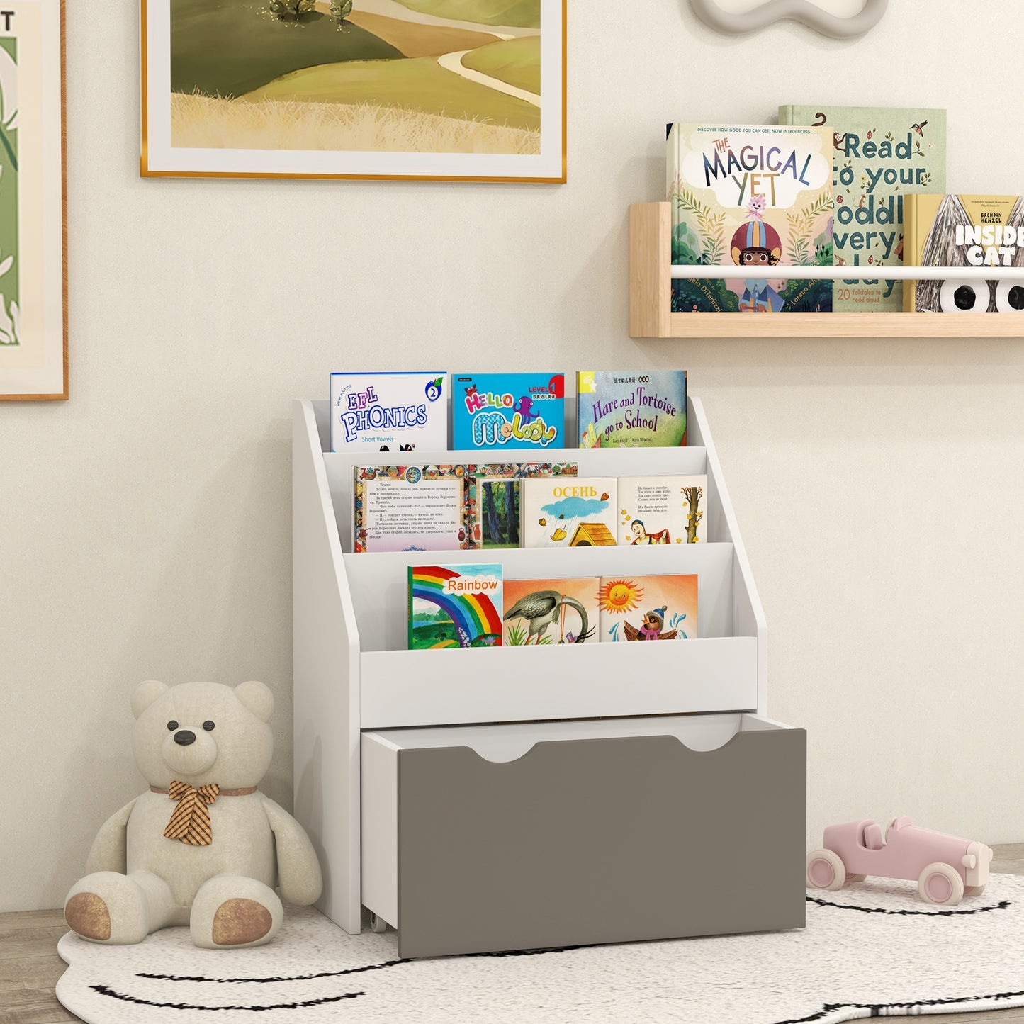 Qaba Kids Bookshelf with 3 Tier Display Shelves, Drawer for Nursery, Grey