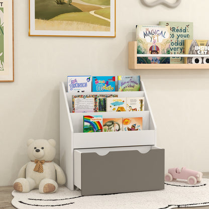 Qaba Kids Bookshelf with 3 Tier Display Shelves, Drawer for Nursery, Grey