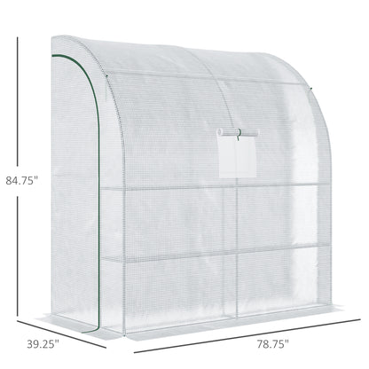 7' x 3' x 7' Outdoor Lean-to Walk-In Greenhouse w/ Roll-up Mesh Windows, Zipper Door and 3-Tier Shelves, White