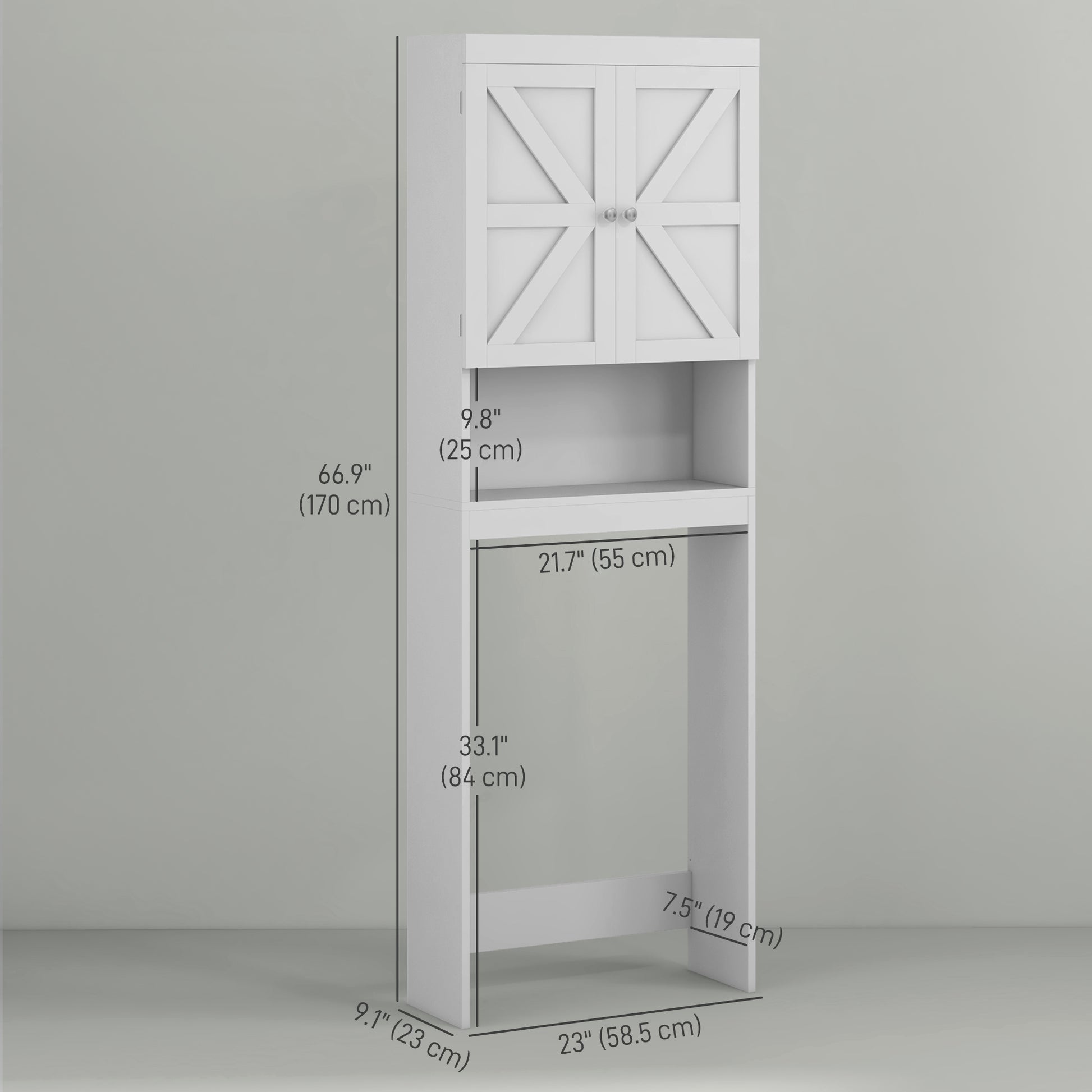 Over The Toilet Cabinet, Modern Bathroom Above Toilet Storage with Barn Doors and Open Shelf, White