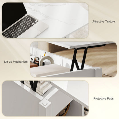 Lift Top Coffee Table, Modern Center Table with Storage Shelves and Hidden Compartment for Living Room, 41" L, White