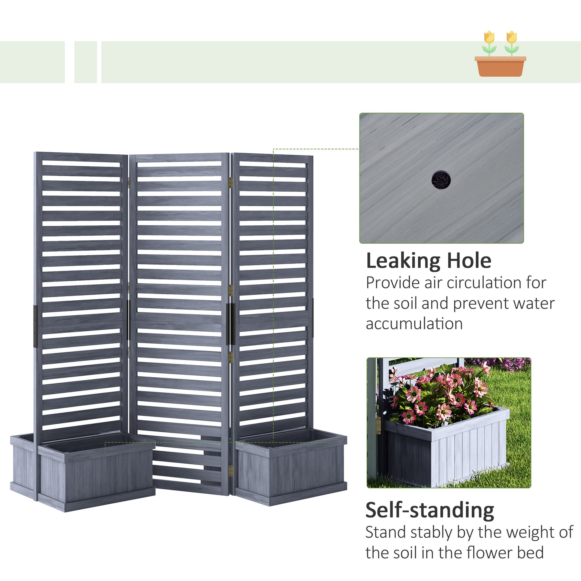 Outdoor Privacy Screen Wood Privacy Panel with 4 Planter Boxes, Raised Bed with 3 Panels, Drainage Holes, Grey