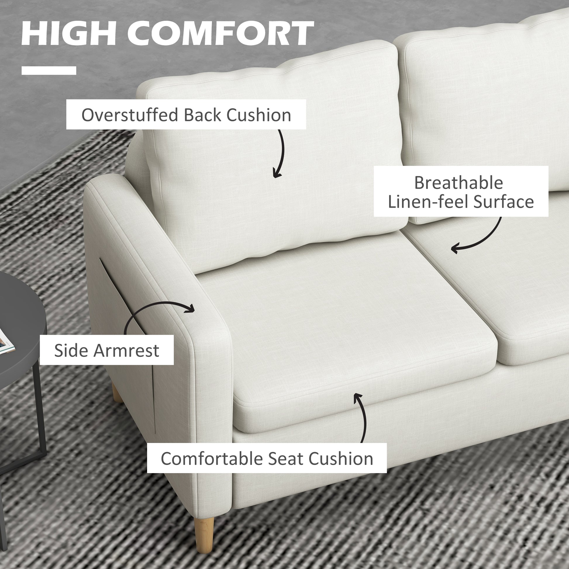 56" 2 Seat Sofa, Modern Love Seats Furniture, Upholstered 2 Seater Couch with Side Pockets, Solid Wood Frame, White