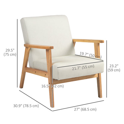 Mid-Century Modern Accent Chair Retro Fabric Armchair Wooden Arm Upholstered Lounge Chair for Living Room Cream White