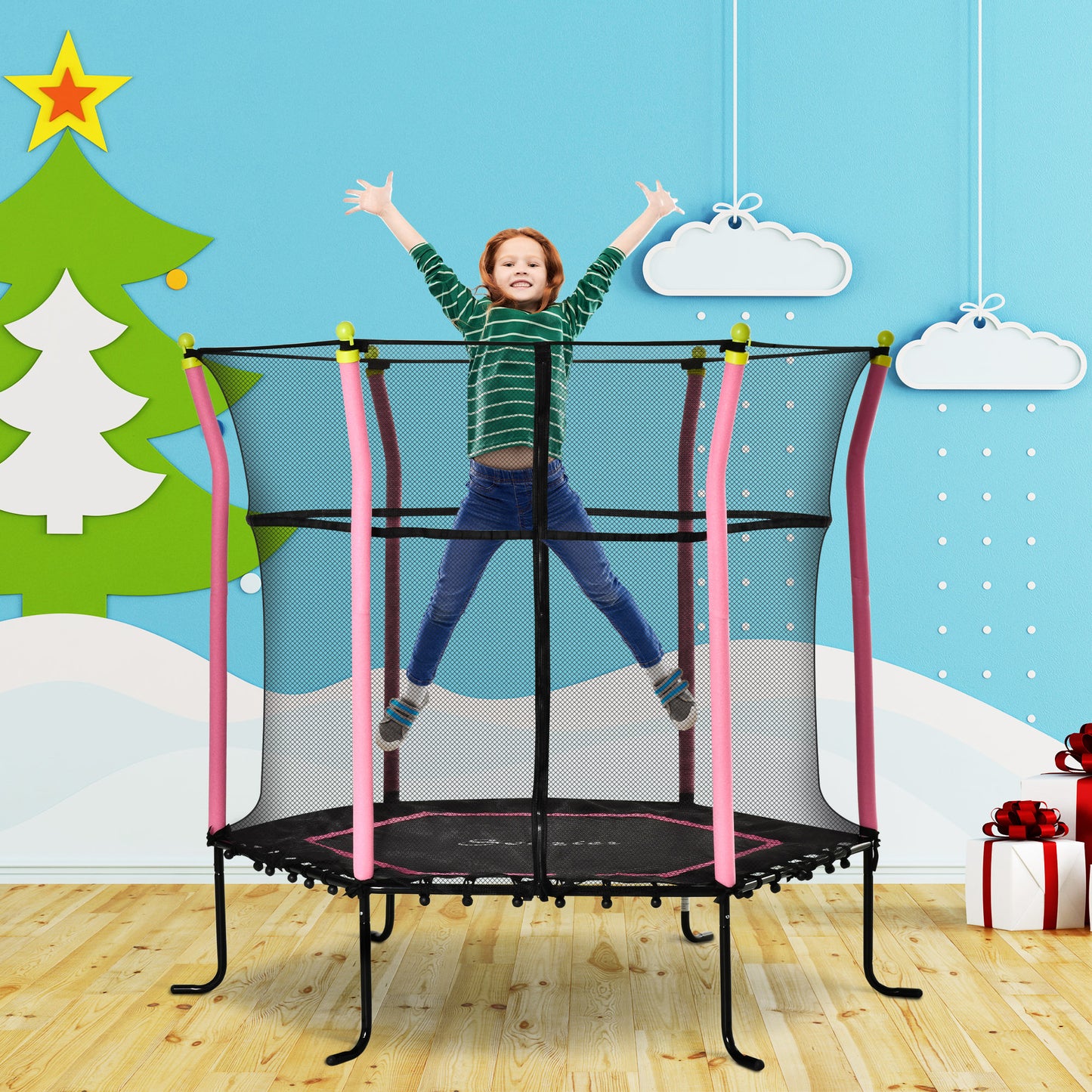 Soozier 63" Kids Trampoline Mini Indoor Bouncer Jumper with Enclosure Net Elastic Thick Padded Pole Gift for 3-6 Years, 