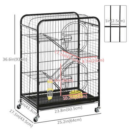Rolling Small Animal Cage 36.6" Pet Rabbit Ferret Playpen, Animal Supply Kit Metal Black for Bunny, Pet Mink, Chinchilla
