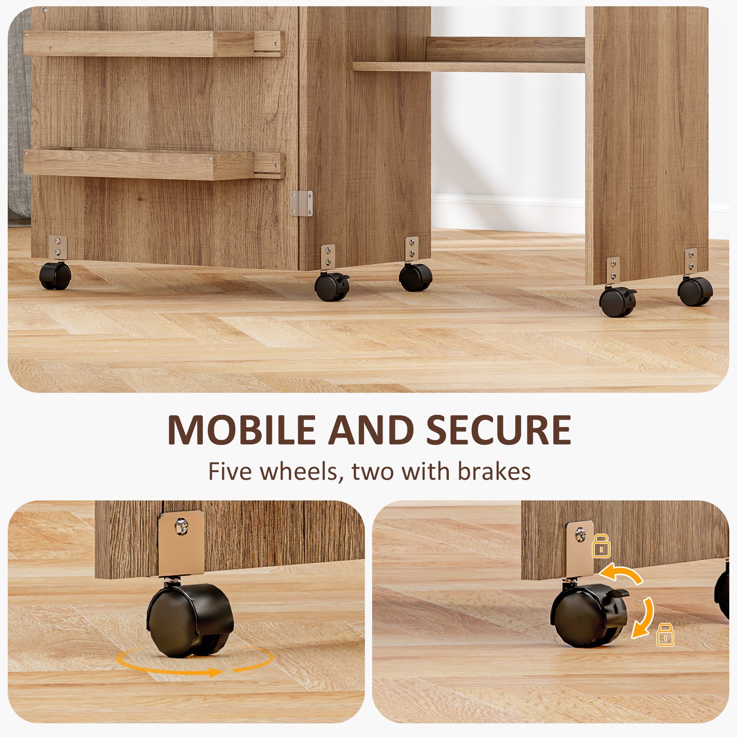 Sewing Machine Cabinet, Folding Sewing Table with Storage Shelf, Bins and Lockable Wheels for Small Space, Brown
