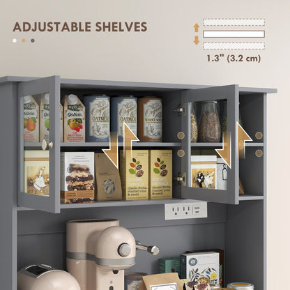 Kitchen Cabinet with Charging Station, 2 Tilt Out Cabinets, Microwave Stand, Freestanding Kitchen Pantry Cabinet, Grey