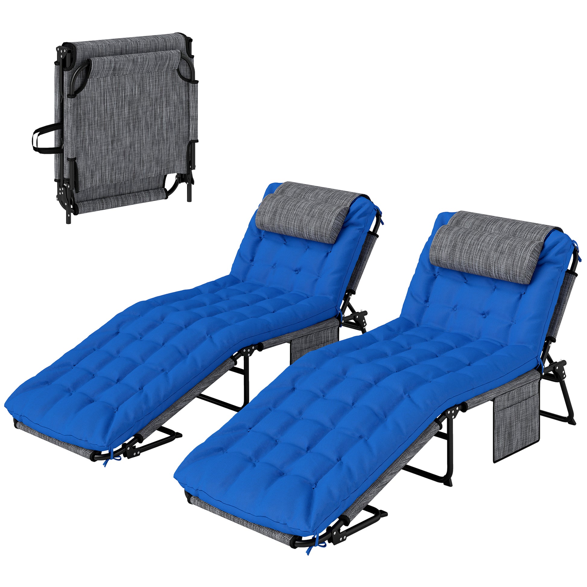 2 Pieces Folding Lounge Chairs with 4-level Reclining Back, Outdoor Tanning Chair with Cushion, Sun Lounger with Breatha