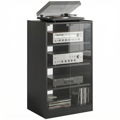5-Tier AV Media Stand with Push to Open Glass Doors, Audio-Video Storage Cabinet with Adjustable Shelves for DVD Players
