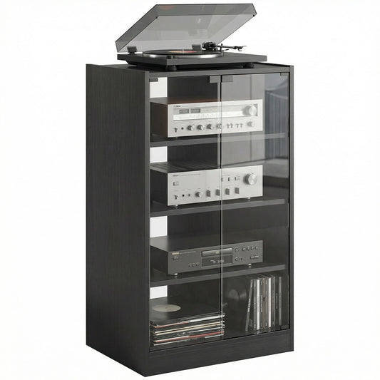 5-Tier AV Media Stand with Push to Open Glass Doors, Audio-Video Storage Cabinet with Adjustable Shelves for DVD Players