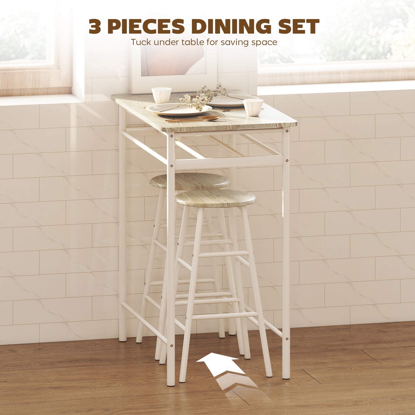 3 Piece Counter Height Bar Table Set with 1 Table, 2 Matching Stools, Dining Table Set with Storage Shelf and Metal Fram