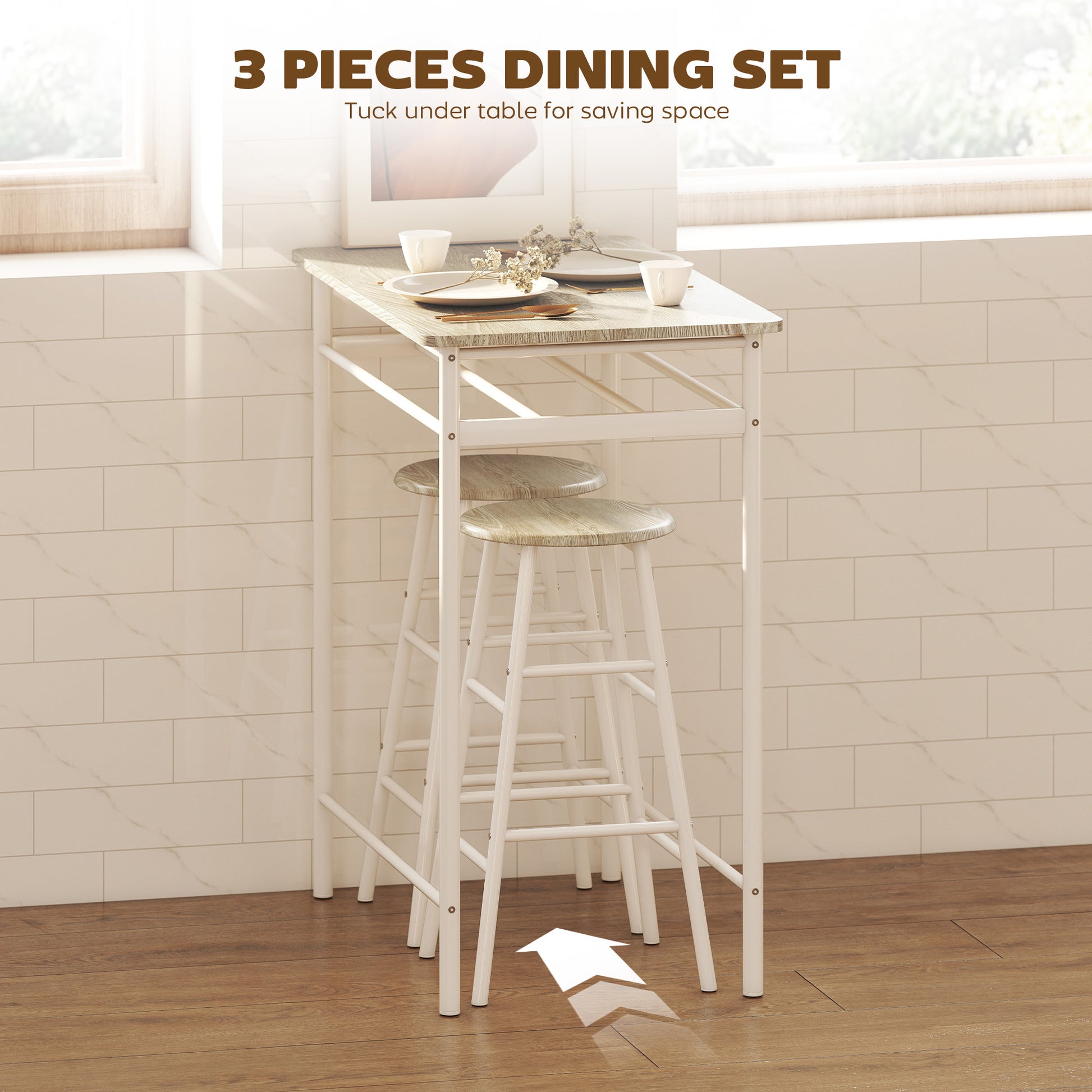 3 Piece Counter Height Bar Table Set with 1 Table, 2 Matching Stools, Dining Table Set with Storage Shelf and Metal Fram